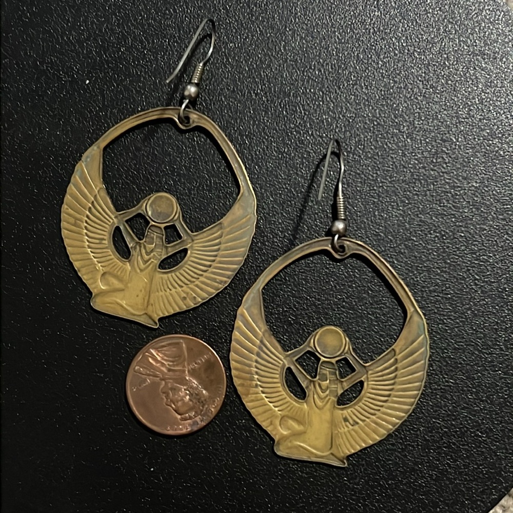 Vintage Art Deco Gold Brass Egyptian Goddess Eye Of Isis Deity Earrings - Picture 11 of 13